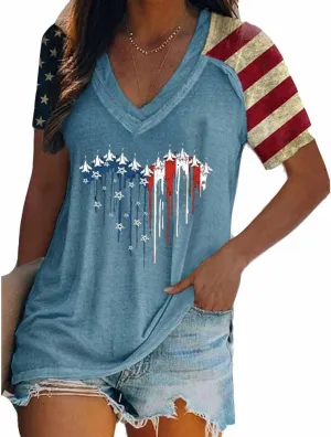 Red White and Blue Striped Shirt Women American Jet Trail Shirt Independence Day Women Top