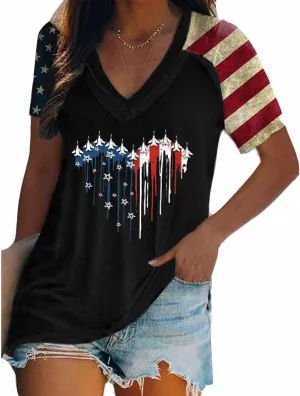 Red White and Blue Striped Shirt Women American Jet Trail Shirt Independence Day Women Top