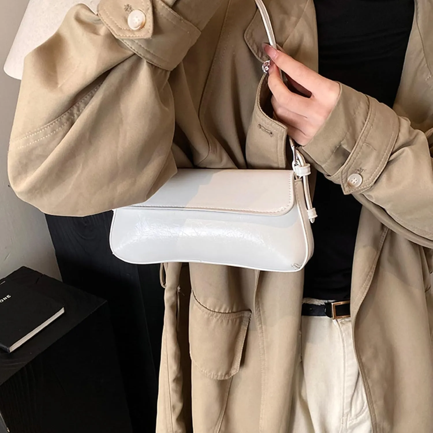 Retro Shoulder Bag for Women Small Textured PU Leather Flap Tote Handbags, Underarm Purse with Buckle Closure