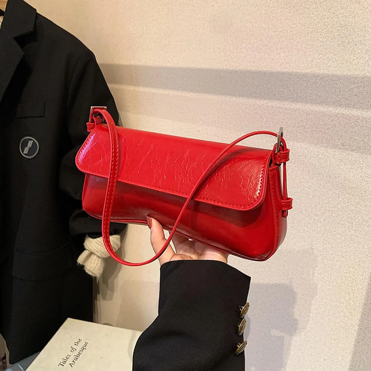 Retro Shoulder Bag for Women Small Textured PU Leather Flap Tote Handbags, Underarm Purse with Buckle Closure