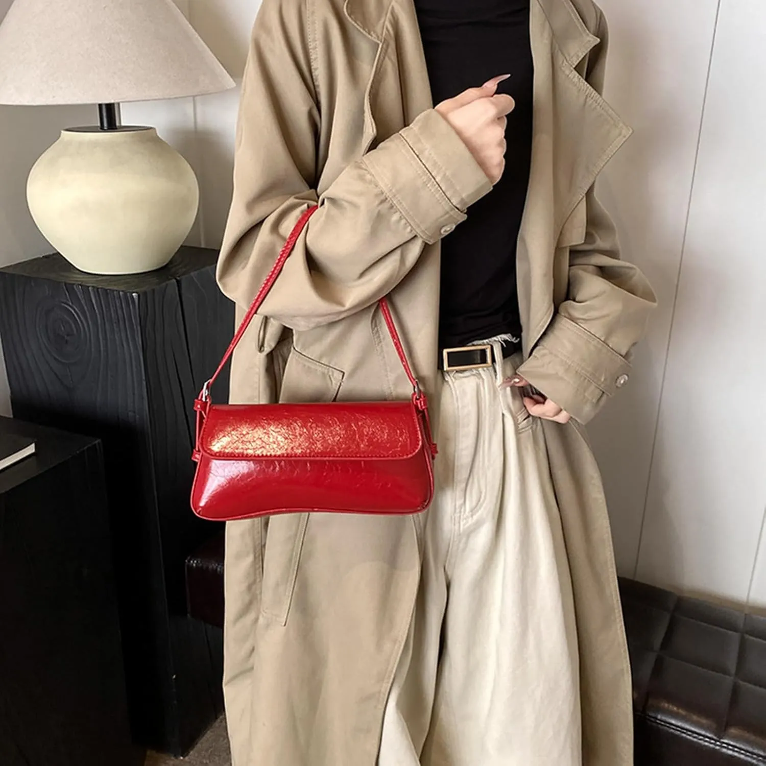 Retro Shoulder Bag for Women Small Textured PU Leather Flap Tote Handbags, Underarm Purse with Buckle Closure