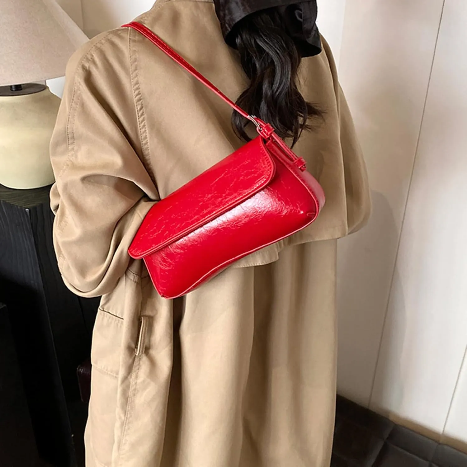 Retro Shoulder Bag for Women Small Textured PU Leather Flap Tote Handbags, Underarm Purse with Buckle Closure