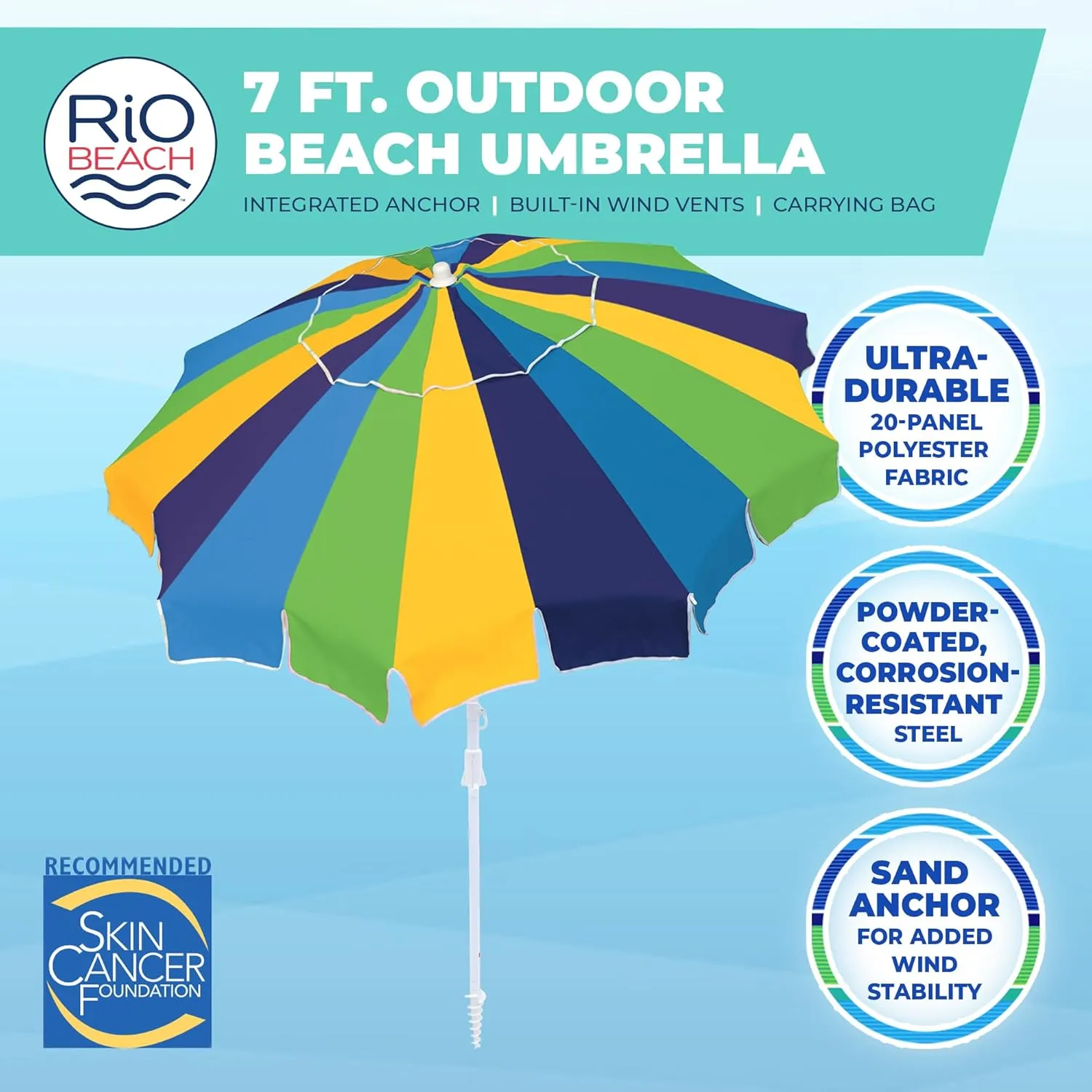 Rio Brands 7' Alternating 20-Panel Beach Umbrella with Sand Anchor and Carrying Bag, Blue Multicolor