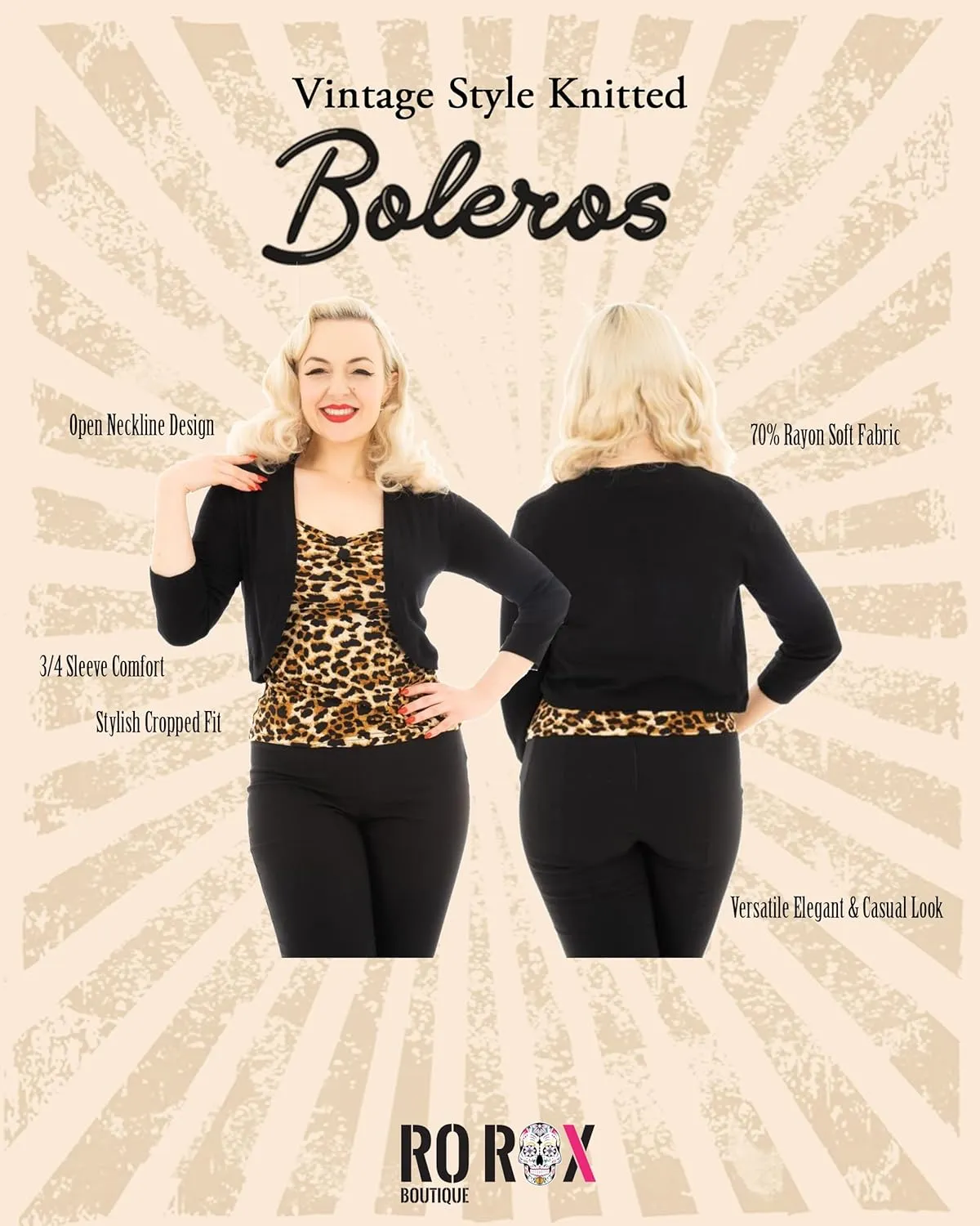 Ro Rox Masie Bolero Vintage Cropped Cardigan 3/4 Sleeve Rockabilly 1950s Knit