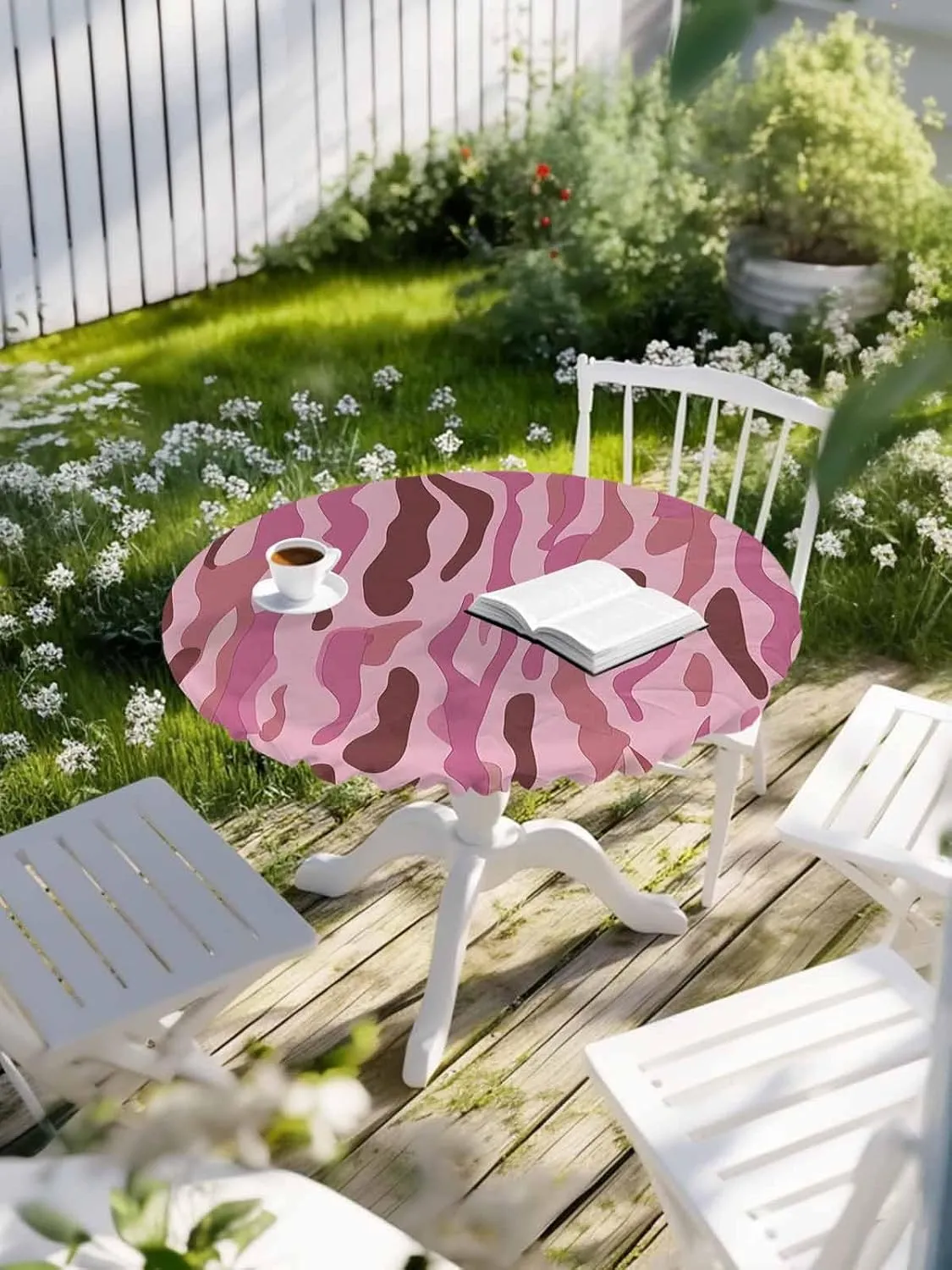 Round Fitted Tablecloth Abstract Water Ripple Art Waterproof Table Cover for Indoor Outdoor Holiday Party Modern Pink Patchwork Elastic Edged Tablecloths Fit Up 45"-54" Tables