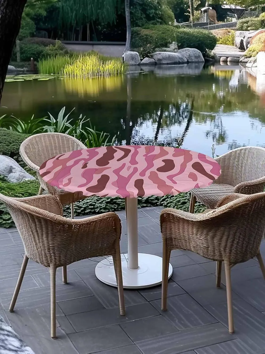 Round Fitted Tablecloth Abstract Water Ripple Art Waterproof Table Cover for Indoor Outdoor Holiday Party Modern Pink Patchwork Elastic Edged Tablecloths Fit Up 45"-54" Tables