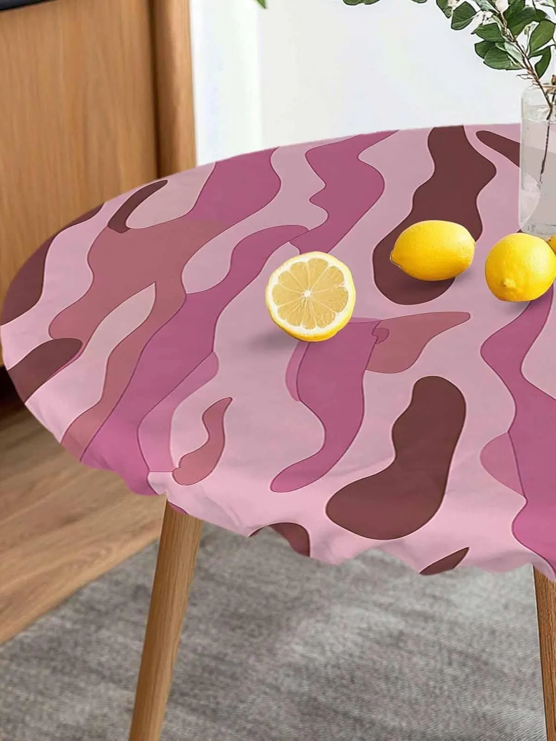 Round Fitted Tablecloth Abstract Water Ripple Art Waterproof Table Cover for Indoor Outdoor Holiday Party Modern Pink Patchwork Elastic Edged Tablecloths Fit Up 45"-54" Tables