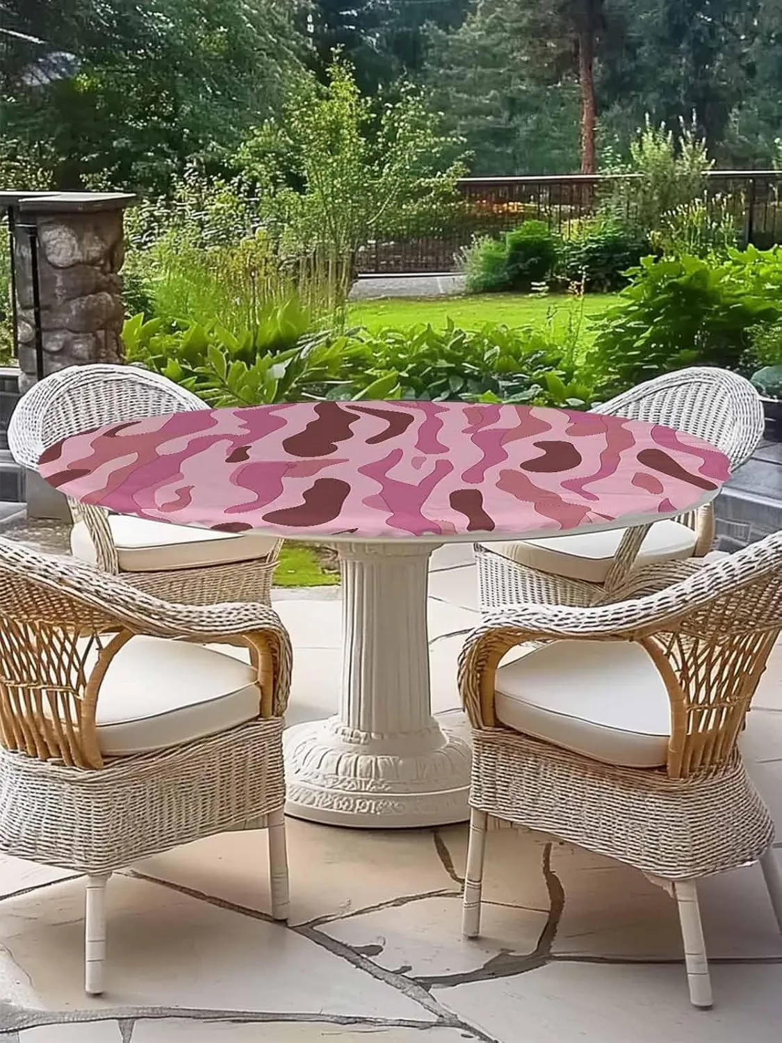 Round Fitted Tablecloth Abstract Water Ripple Art Waterproof Table Cover for Indoor Outdoor Holiday Party Modern Pink Patchwork Elastic Edged Tablecloths Fit Up 45"-54" Tables
