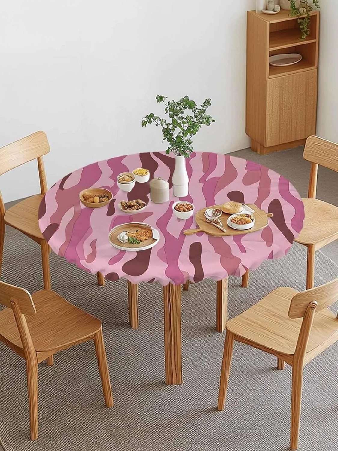 Round Fitted Tablecloth Abstract Water Ripple Art Waterproof Table Cover for Indoor Outdoor Holiday Party Modern Pink Patchwork Elastic Edged Tablecloths Fit Up 45"-54" Tables