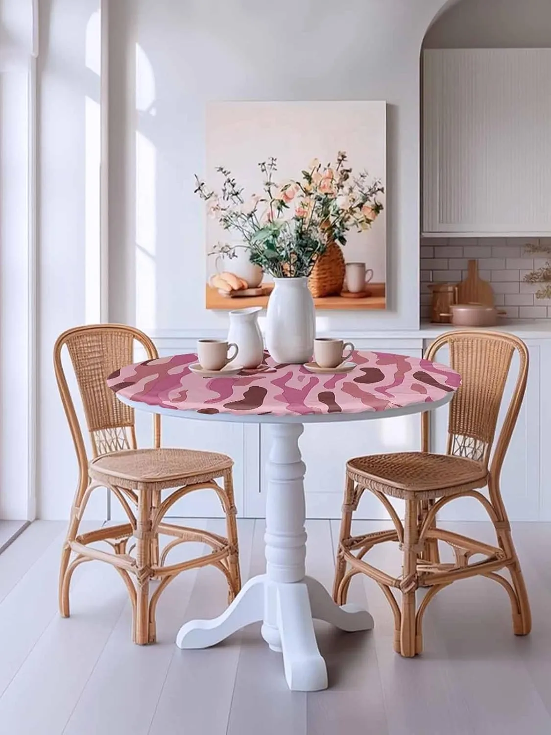 Round Fitted Tablecloth Abstract Water Ripple Art Waterproof Table Cover for Indoor Outdoor Holiday Party Modern Pink Patchwork Elastic Edged Tablecloths Fit Up 45"-54" Tables