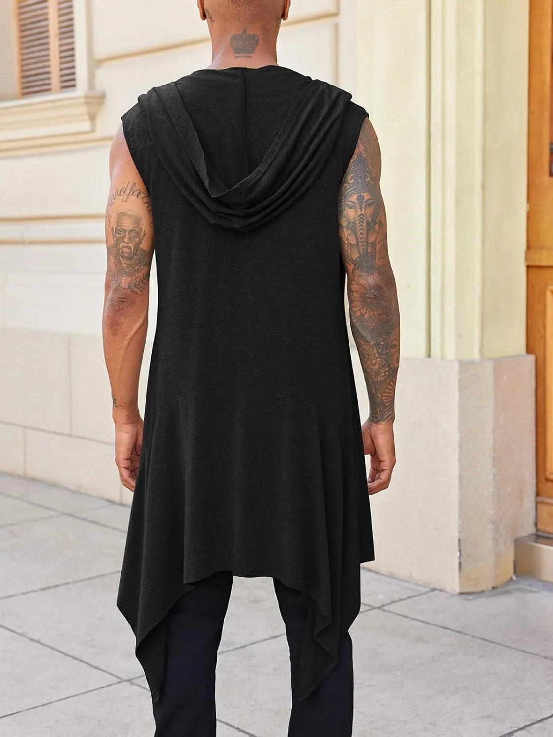 Runcati Mens Hooded Cardigan Sleeveless Ruffle Shawl Collar Open Front Knit Drape Robe