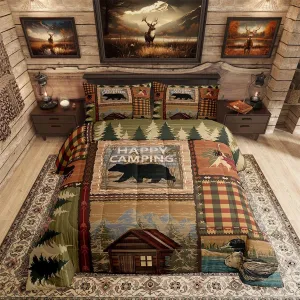 Rustic Bear Comforter Set for Kids Boys Girls,Retro Farm Style Camper Bedding Set Full Size,Jungle Mountain Tree Bedding Comforter Sets,Happy Camping Patchwork Duvet Insert with 2 Pillowcases Warm