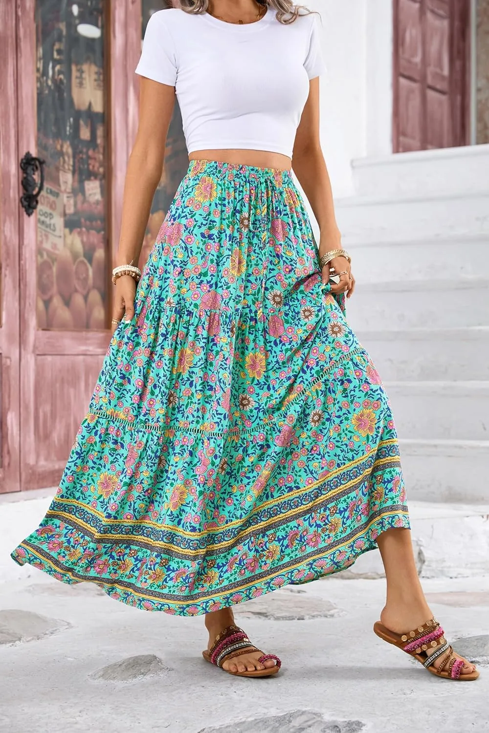 R.Vivimos Womens Summer Cotton Vintage Floral Print Boho Casual Ruffled Flowy Maxi Skirt