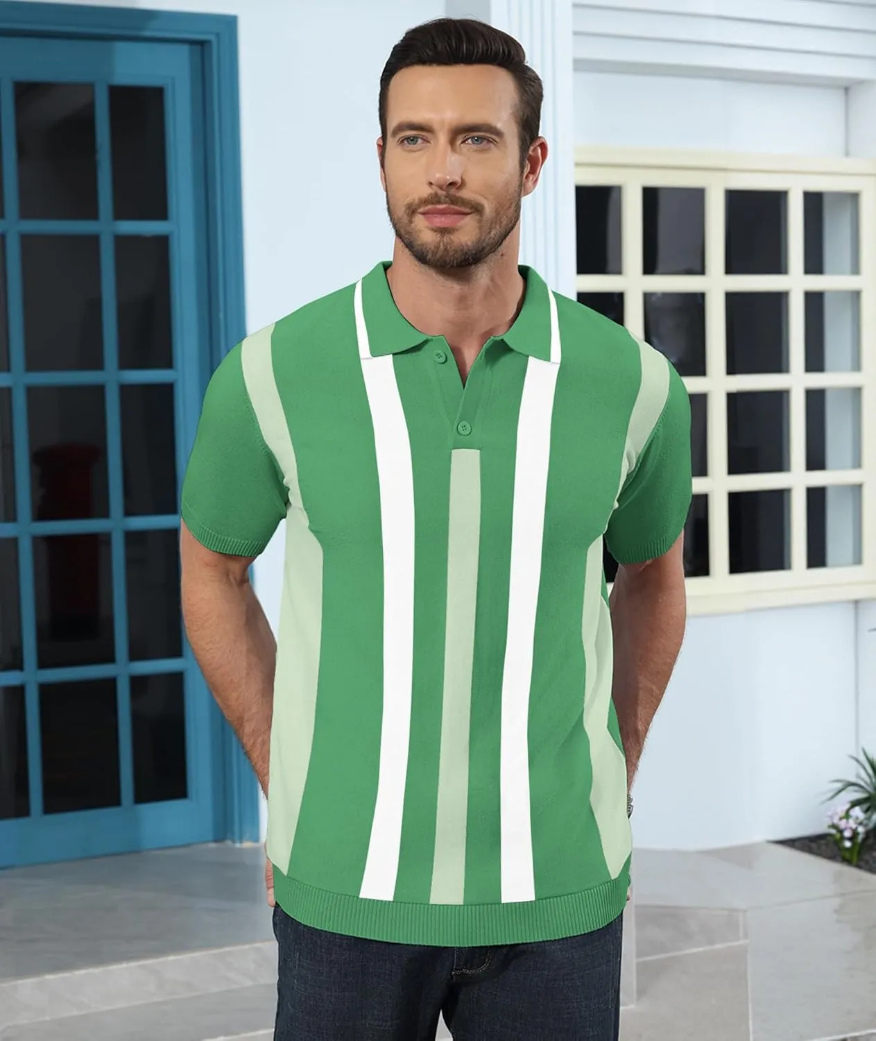 Ryehack Mens Casual Polo Shirts Knit Short Sleeve Vintage Striped Button T-Shirt Slim Fit Golf Vacation Shirt