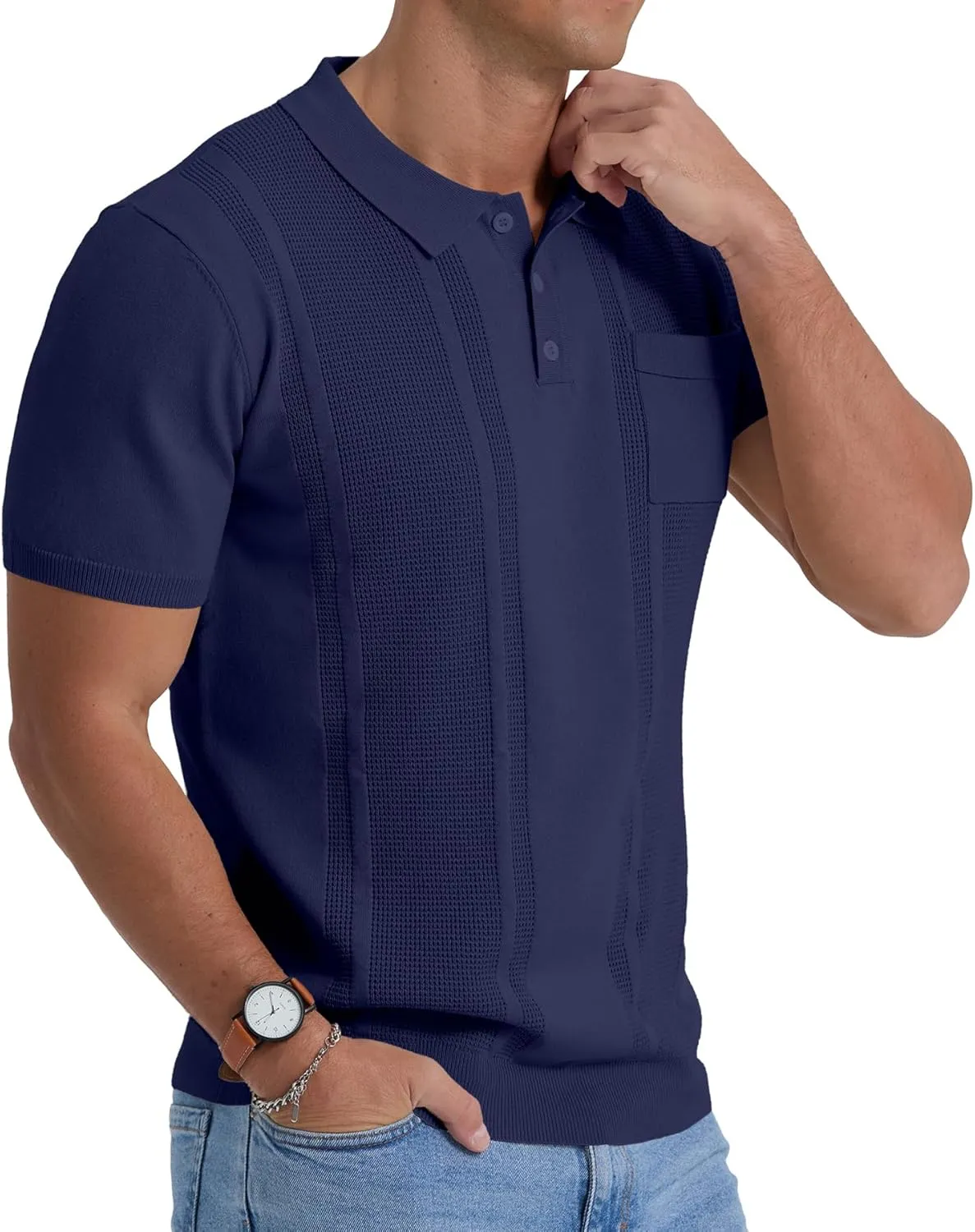 Sailwind Mens Textured Knit Polo Shirts Short Sleeve Summer Collared T Shirt with Pocket