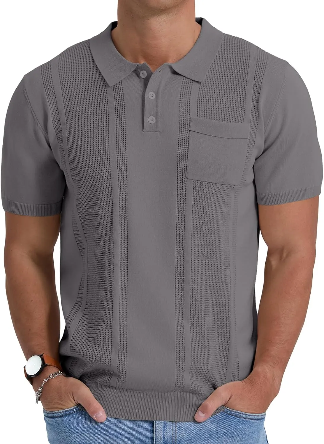 Sailwind Mens Textured Knit Polo Shirts Short Sleeve Summer Collared T Shirt with Pocket