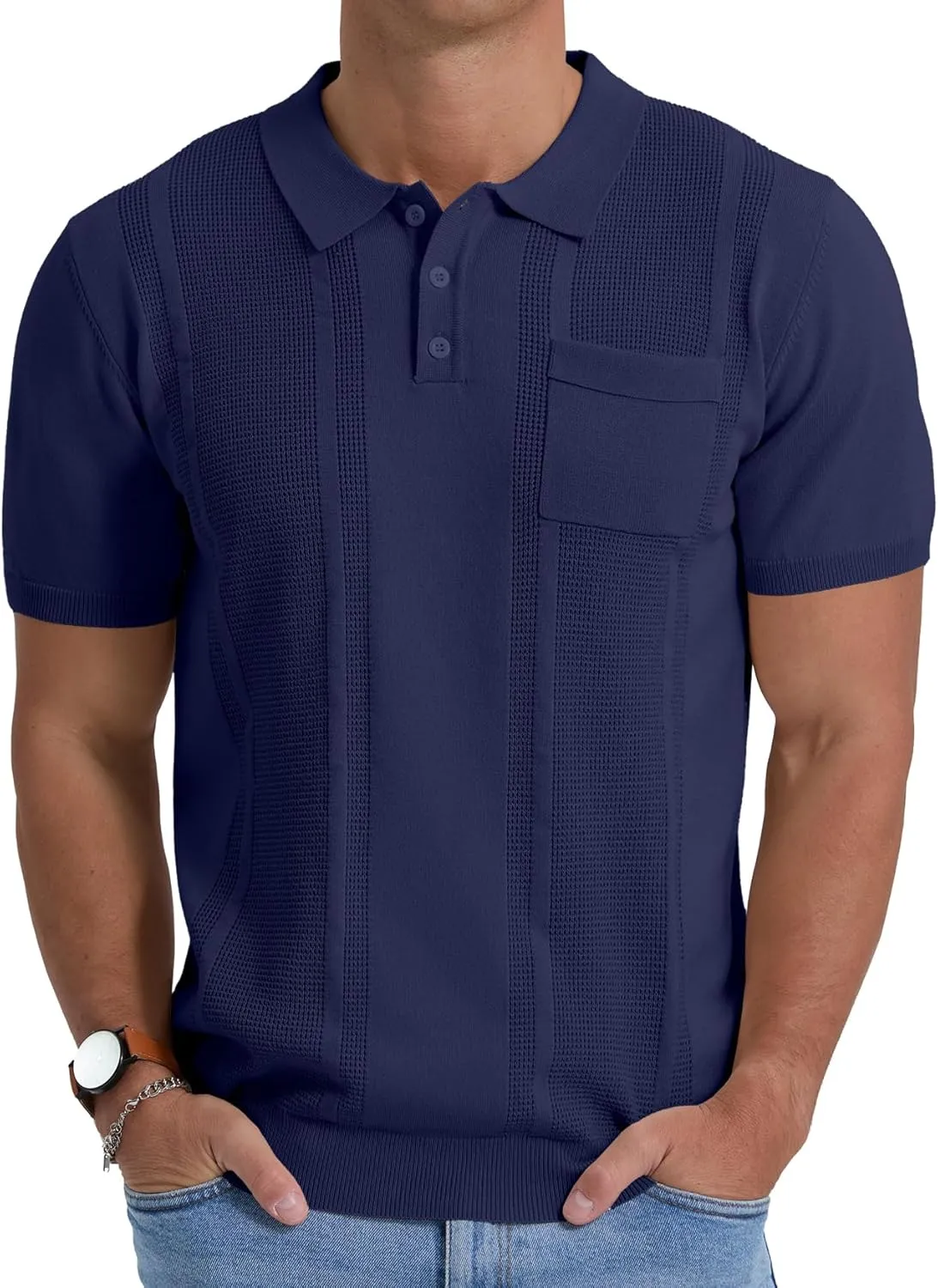 Sailwind Mens Textured Knit Polo Shirts Short Sleeve Summer Collared T Shirt with Pocket