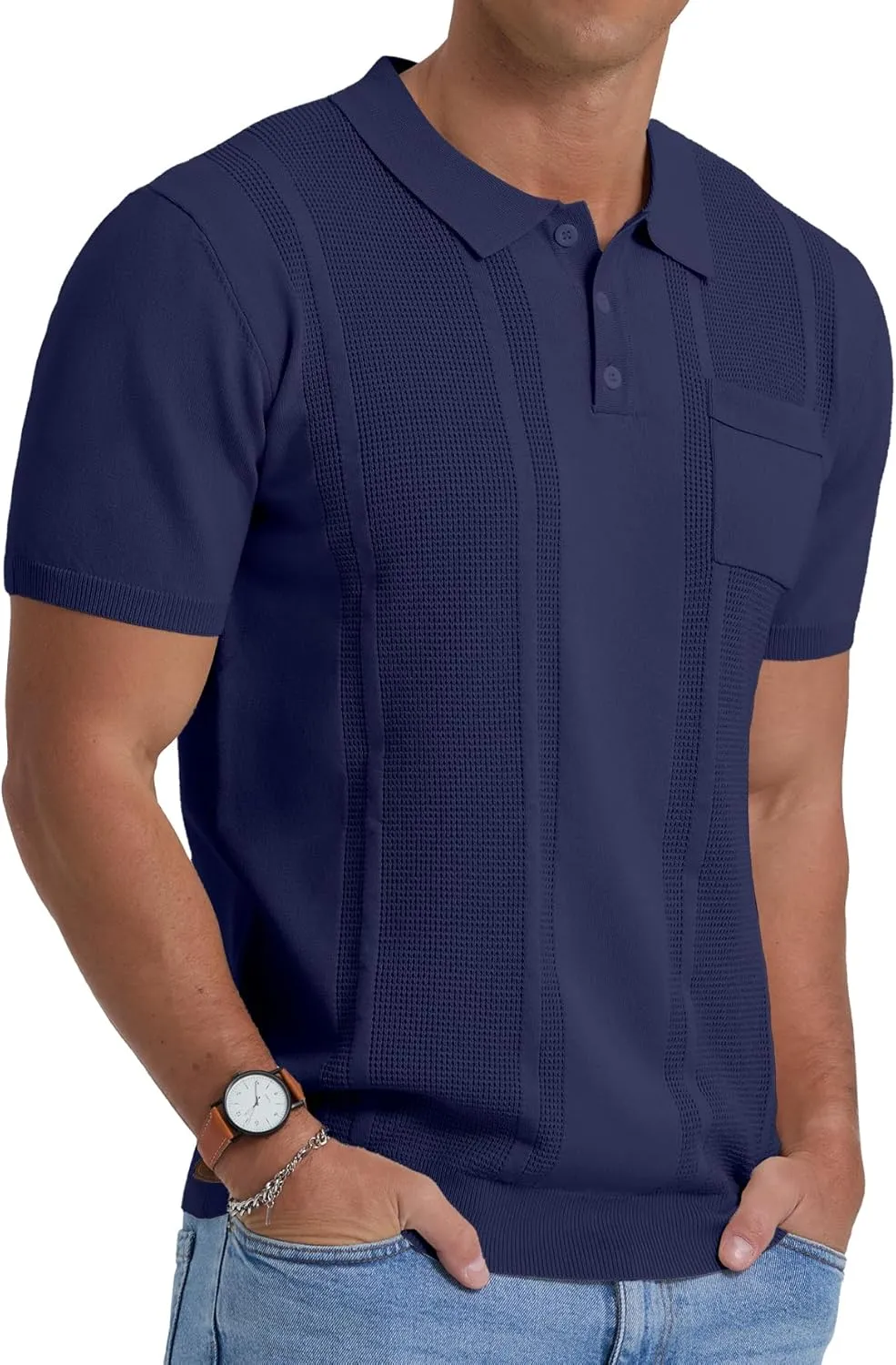 Sailwind Mens Textured Knit Polo Shirts Short Sleeve Summer Collared T Shirt with Pocket