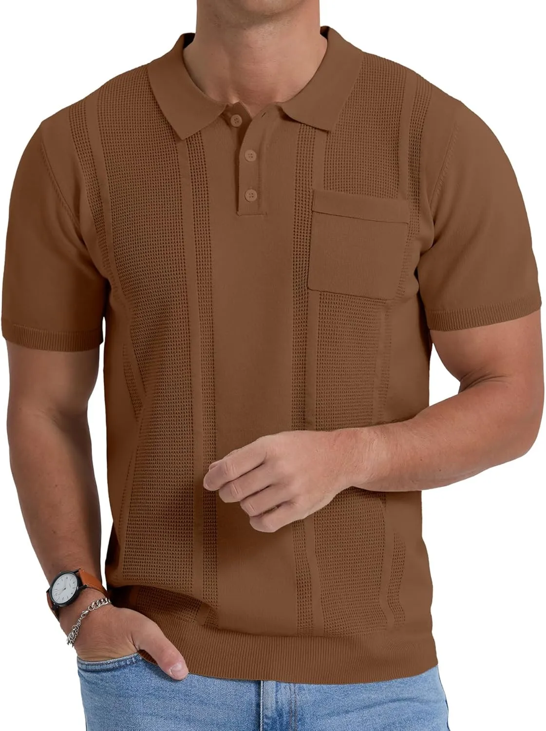 Sailwind Mens Textured Knit Polo Shirts Short Sleeve Summer Collared T Shirt with Pocket