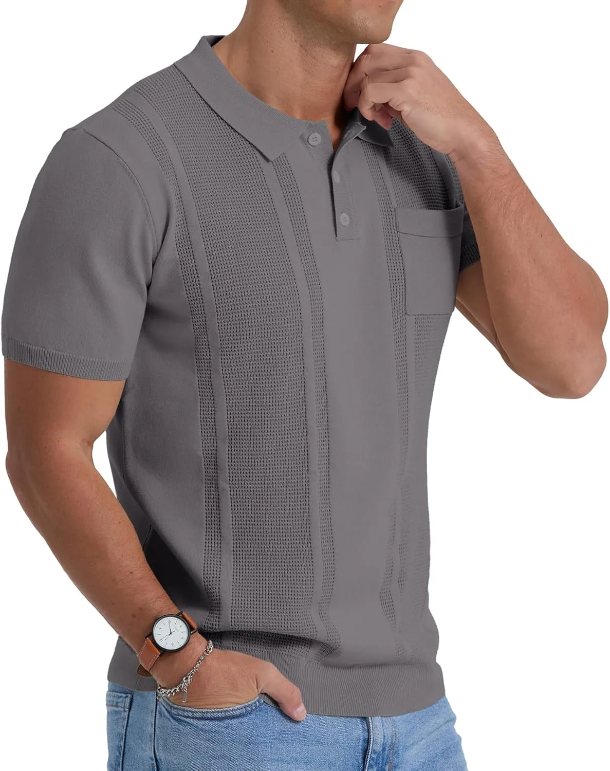 Sailwind Mens Textured Knit Polo Shirts Short Sleeve Summer Collared T Shirt with Pocket