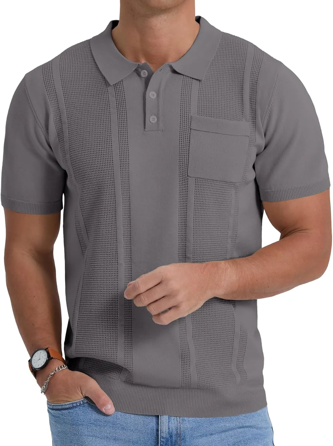 Sailwind Mens Textured Knit Polo Shirts Short Sleeve Summer Collared T Shirt with Pocket