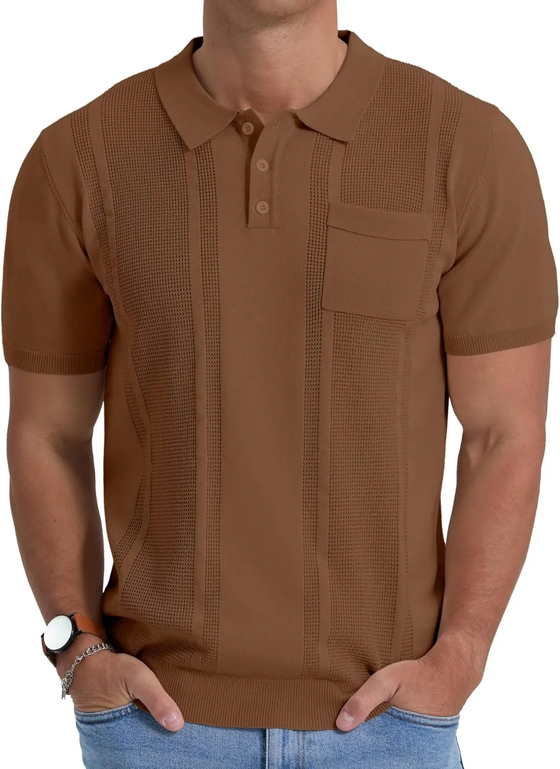 Sailwind Mens Textured Knit Polo Shirts Short Sleeve Summer Collared T Shirt with Pocket