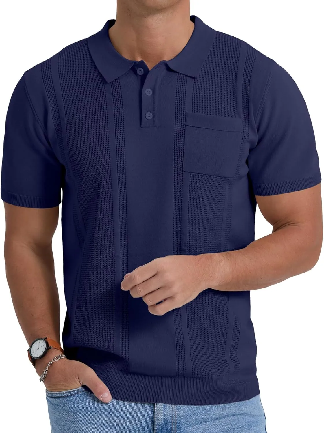 Sailwind Mens Textured Knit Polo Shirts Short Sleeve Summer Collared T Shirt with Pocket