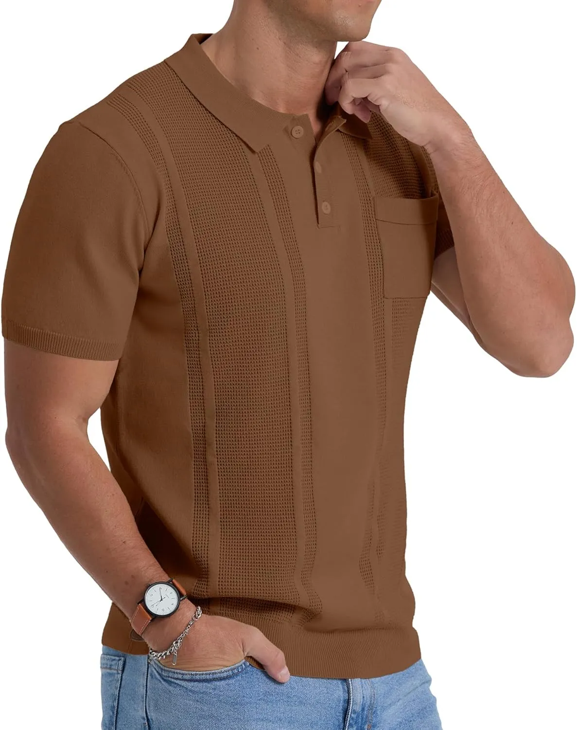 Sailwind Mens Textured Knit Polo Shirts Short Sleeve Summer Collared T Shirt with Pocket