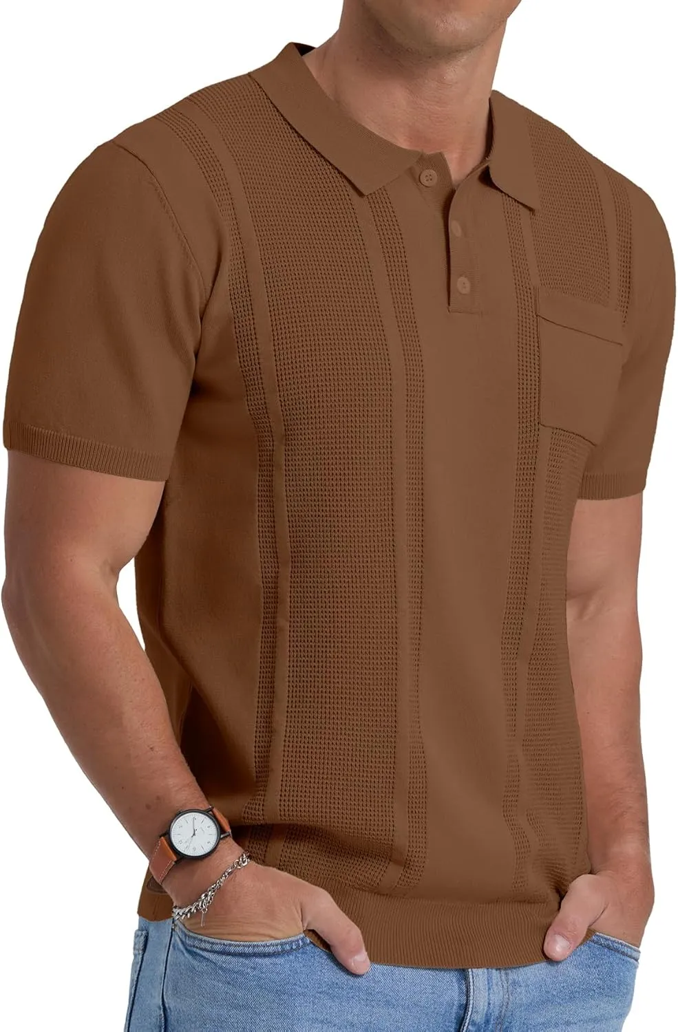 Sailwind Mens Textured Knit Polo Shirts Short Sleeve Summer Collared T Shirt with Pocket