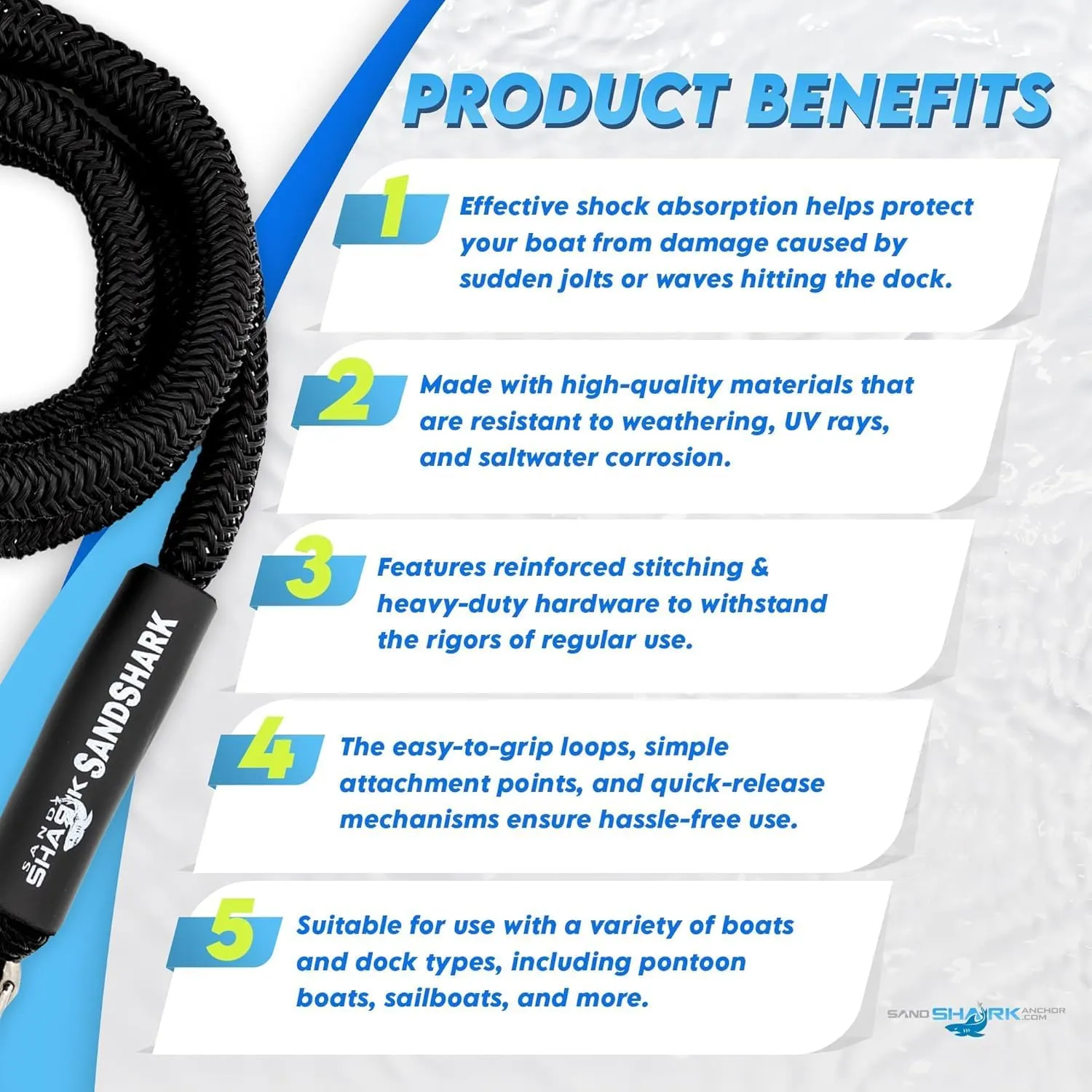 SandShark 7-21ft Premium Anchor Bungee Dock Line. Boat Accessories Bungee Anchor Line Absorbs Shock to Anchors and Docks w/Stainless Steel Clip. Designed for SandShark Anchor., 7-21 Blue
