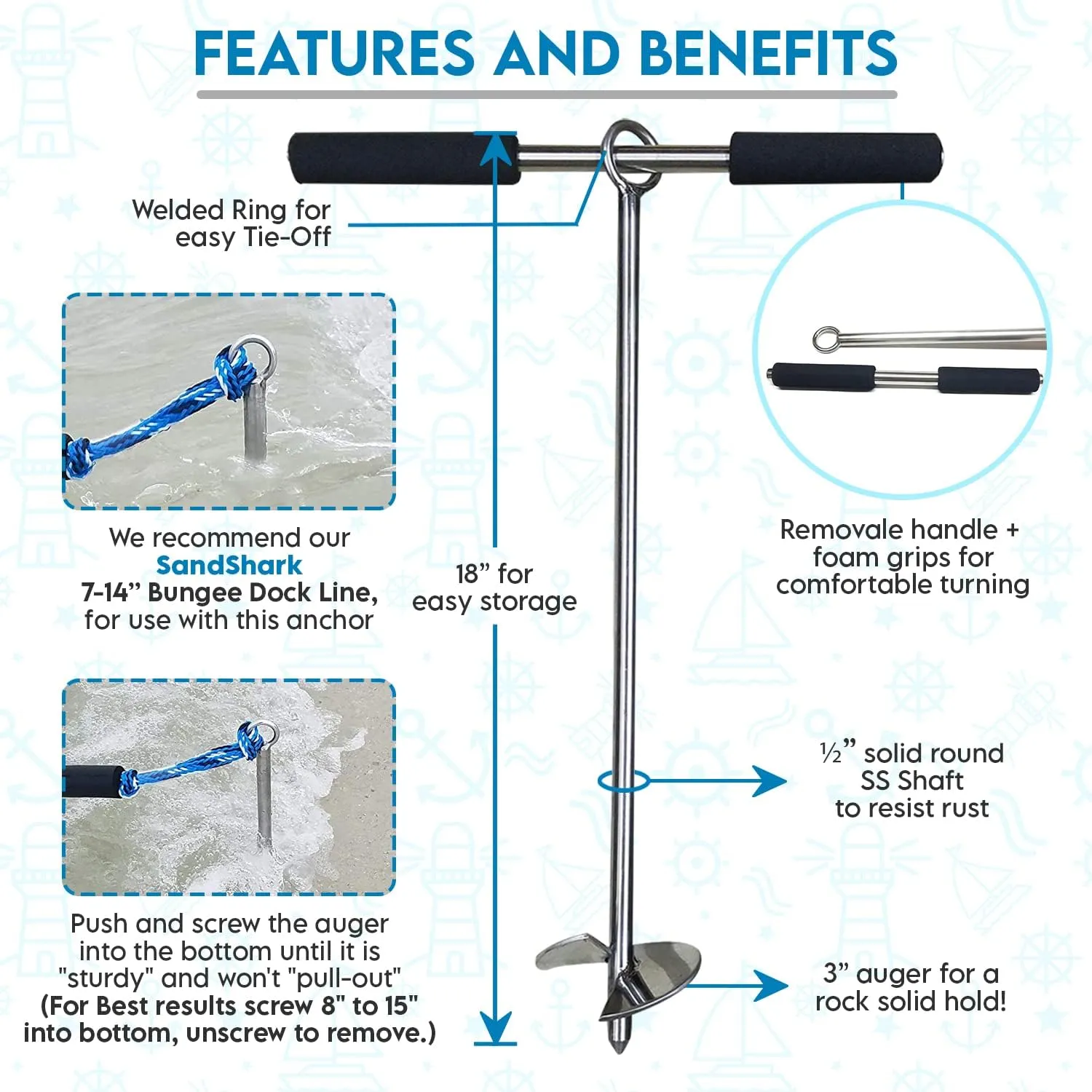SandShark Lite Series Boat Anchor - Shallow Water Anchor Pole - Jet Ski Anchor, Kayak Anchor, Pontoon Boat Accessories for Beach and Sandbar - 316 Stainless Steel w/Handle and Padded Case