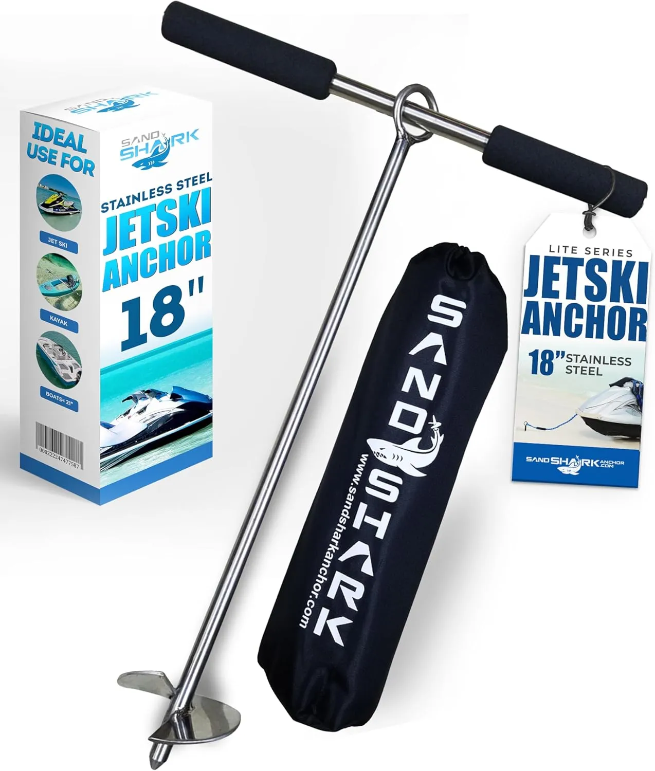 SandShark Lite Series Boat Anchor - Shallow Water Anchor Pole - Jet Ski Anchor, Kayak Anchor, Pontoon Boat Accessories for Beach and Sandbar - 316 Stainless Steel w/Handle and Padded Case