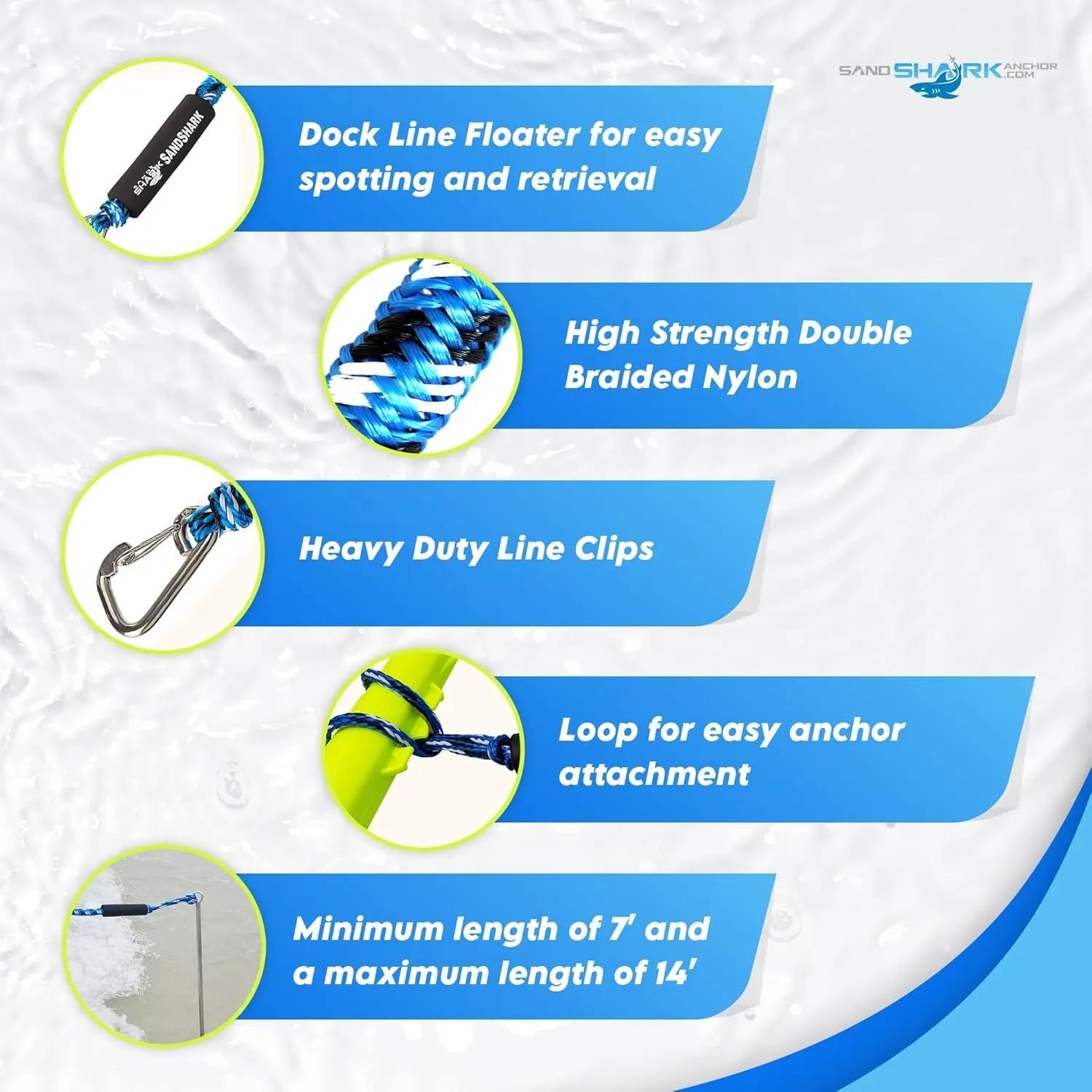 SandShark Premium Anchor Bungee Dock Line. Boat Accessories Anchor Line Absorbs Shock to Anchors and Docks w/Stainless Steel Clip - Blue - 7-14ft