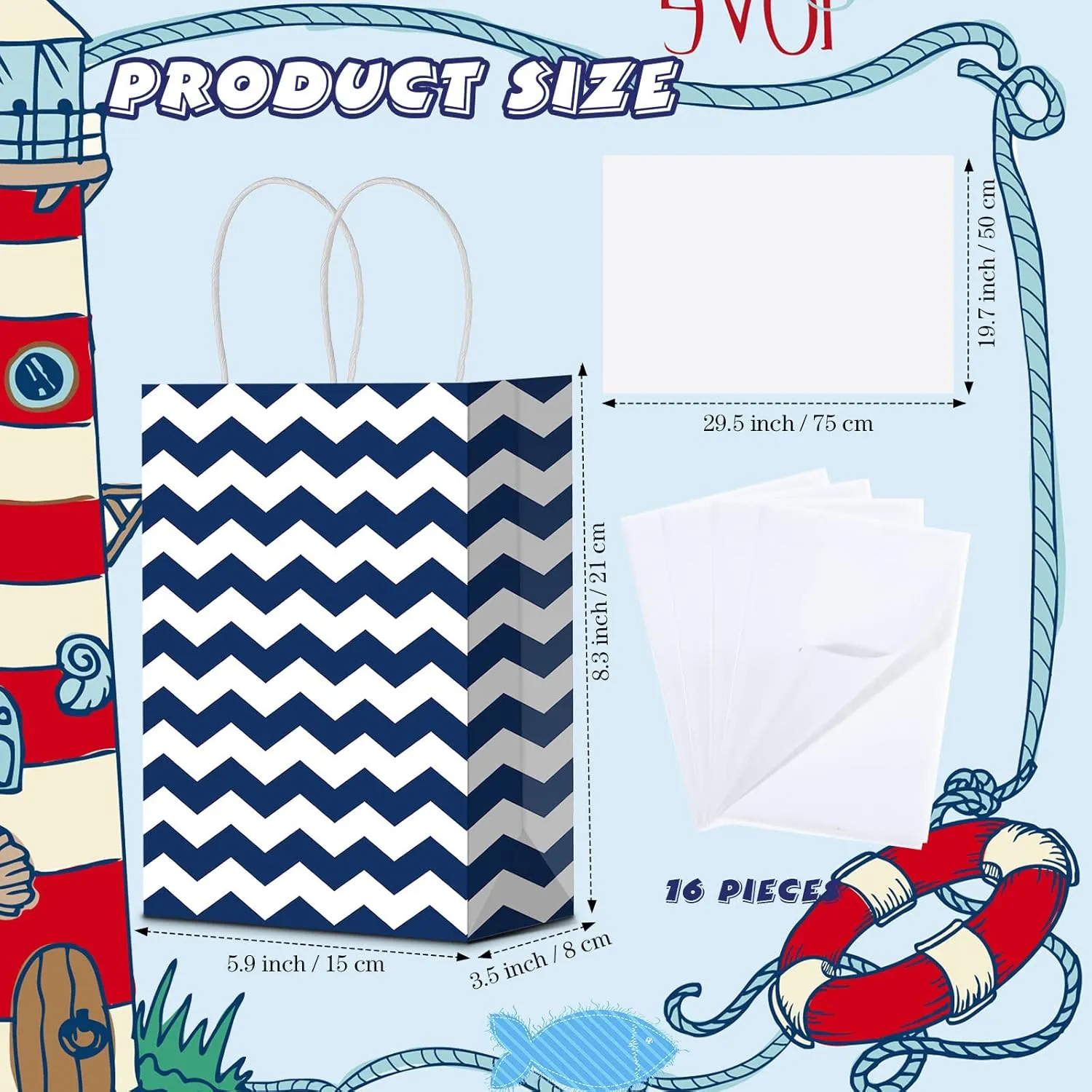 Sepamoon 16 Pack Nautical Gift Bags Nautical Party Paper Bags and Tissue Paper with Handles Candy Marine Anchors Goody Treat for Beach Themed Birthday Party Supplies Favors(Navy Style)