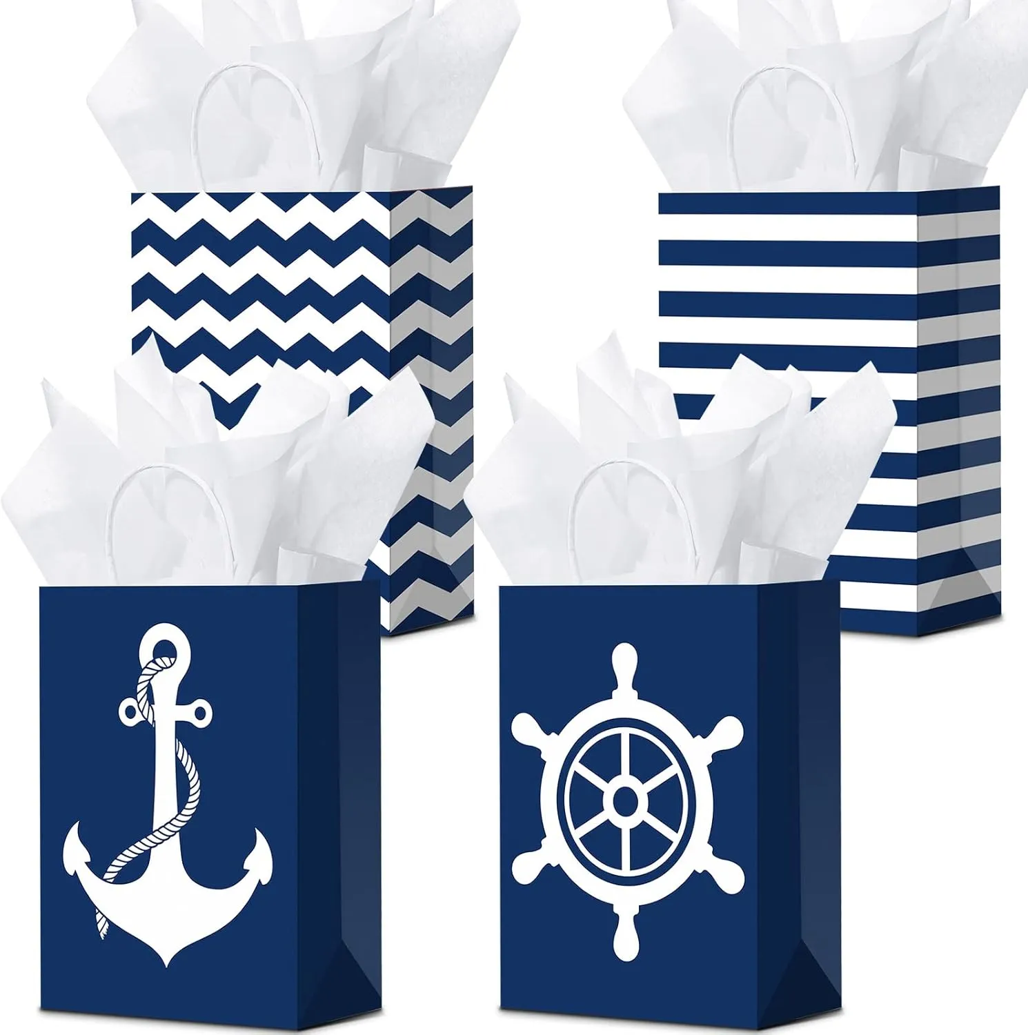 Sepamoon 16 Pack Nautical Gift Bags Nautical Party Paper Bags and Tissue Paper with Handles Candy Marine Anchors Goody Treat for Beach Themed Birthday Party Supplies Favors(Navy Style)