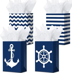 Sepamoon 16 Pack Nautical Gift Bags Nautical Party Paper Bags and Tissue Paper with Handles Candy Marine Anchors Goody Treat for Beach Themed Birthday Party Supplies Favors(Navy Style)