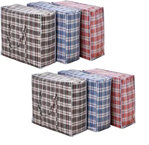 Set of 6 Large Plastic Checkered Laundry Bags with Zipper and Handles for Travel, Laundry, Shopping, Storage, Moving,Size:(19"x19"x7") - Color May Vary