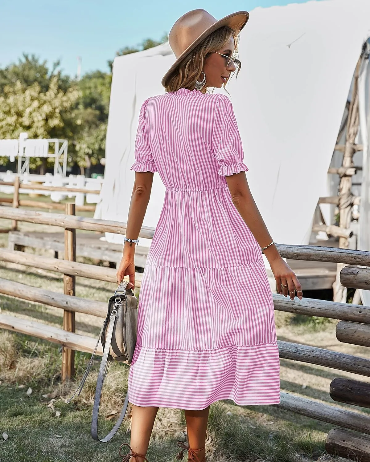 Sexyasasii Women's Summer Ruffle Puff Sleeve Dress Short Sleeve V Neck High Waist Casual Loose Striped Midi Dresses