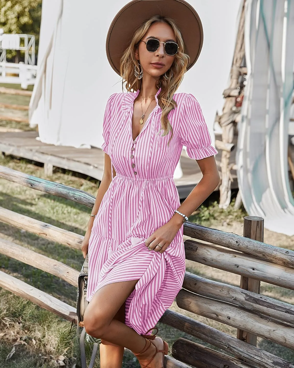 Sexyasasii Women's Summer Ruffle Puff Sleeve Dress Short Sleeve V Neck High Waist Casual Loose Striped Midi Dresses