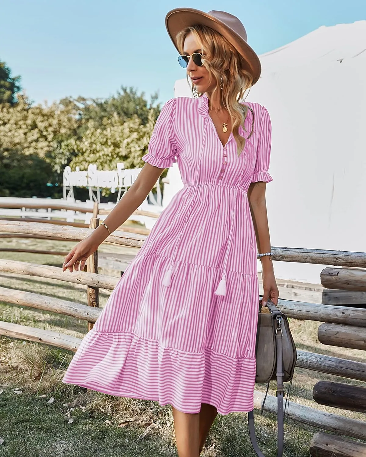 Sexyasasii Women's Summer Ruffle Puff Sleeve Dress Short Sleeve V Neck High Waist Casual Loose Striped Midi Dresses