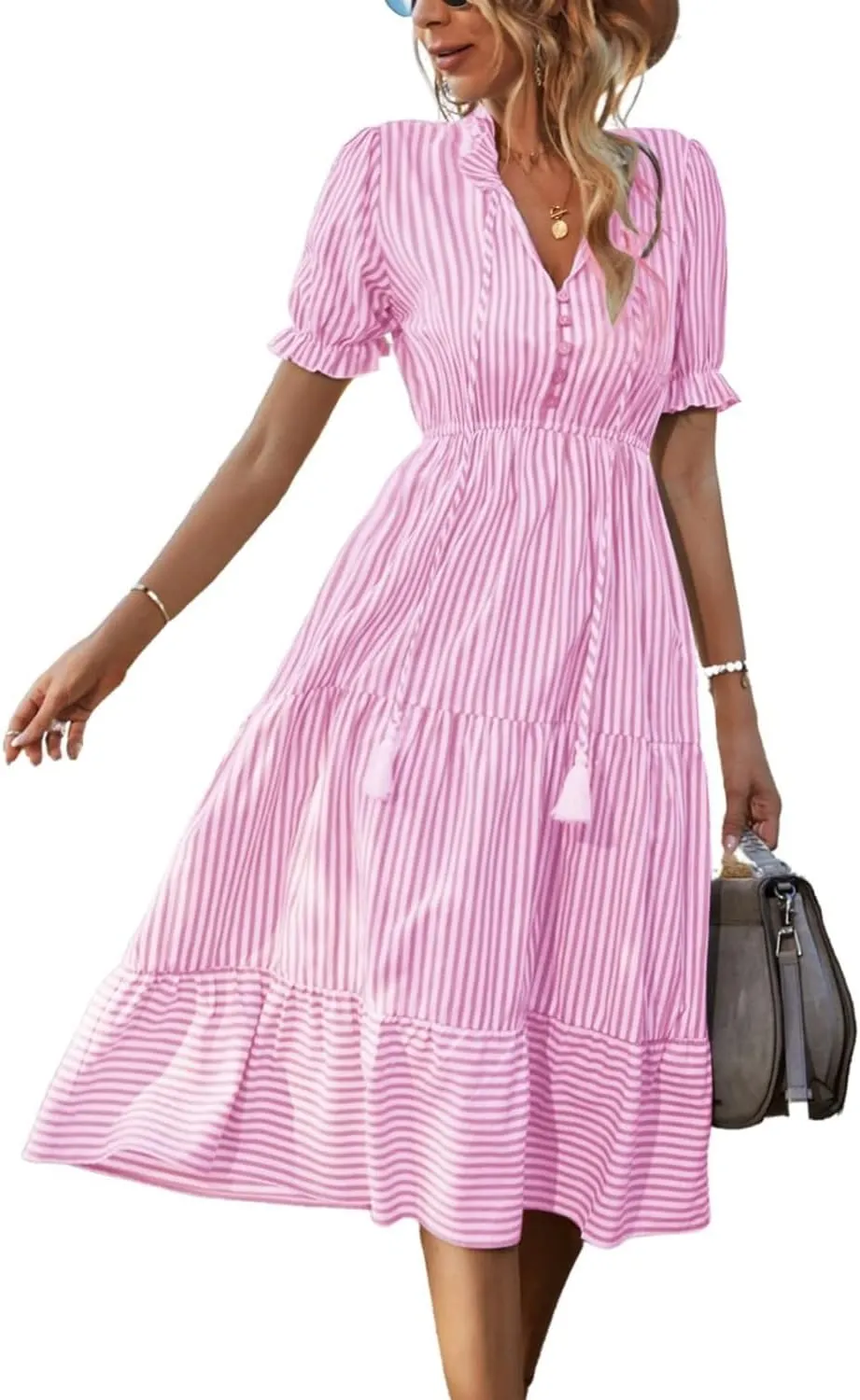 Sexyasasii Women's Summer Ruffle Puff Sleeve Dress Short Sleeve V Neck High Waist Casual Loose Striped Midi Dresses