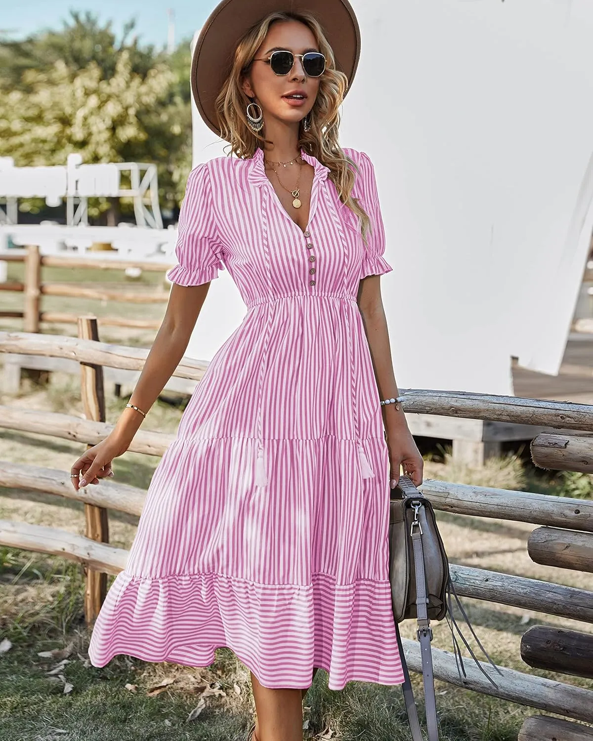 Sexyasasii Women's Summer Ruffle Puff Sleeve Dress Short Sleeve V Neck High Waist Casual Loose Striped Midi Dresses