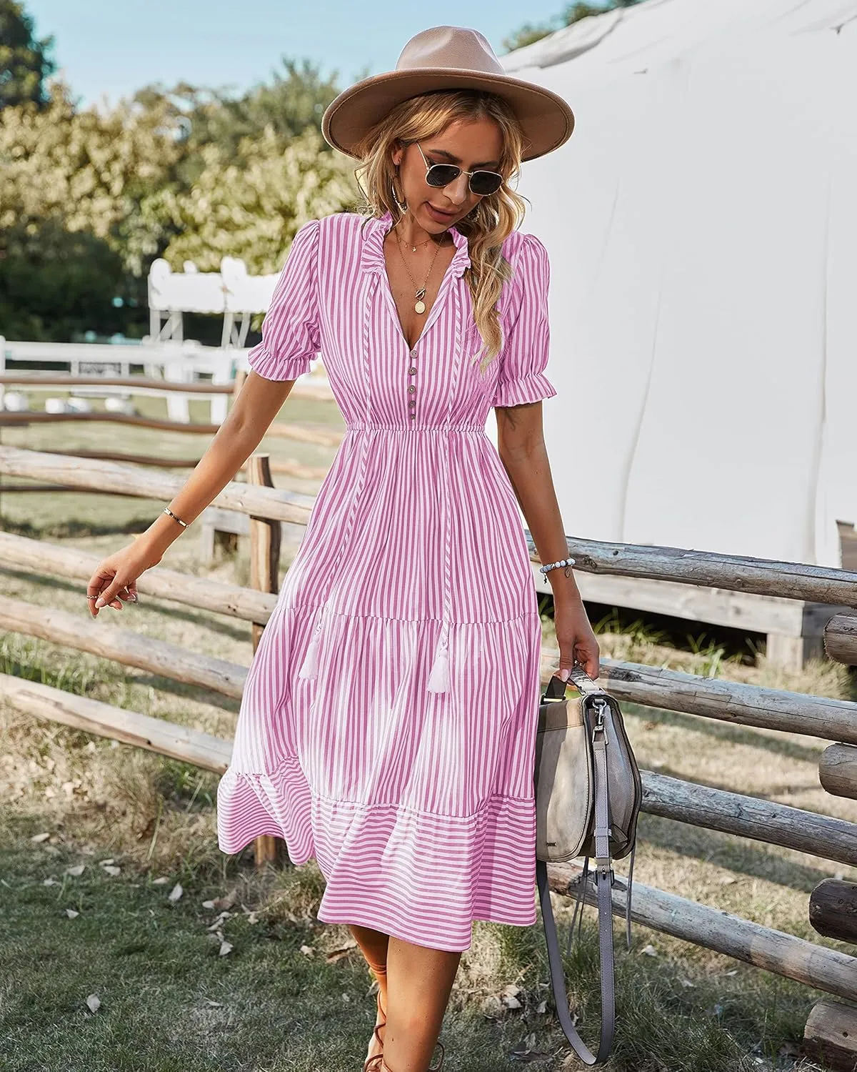 Sexyasasii Women's Summer Ruffle Puff Sleeve Dress Short Sleeve V Neck High Waist Casual Loose Striped Midi Dresses