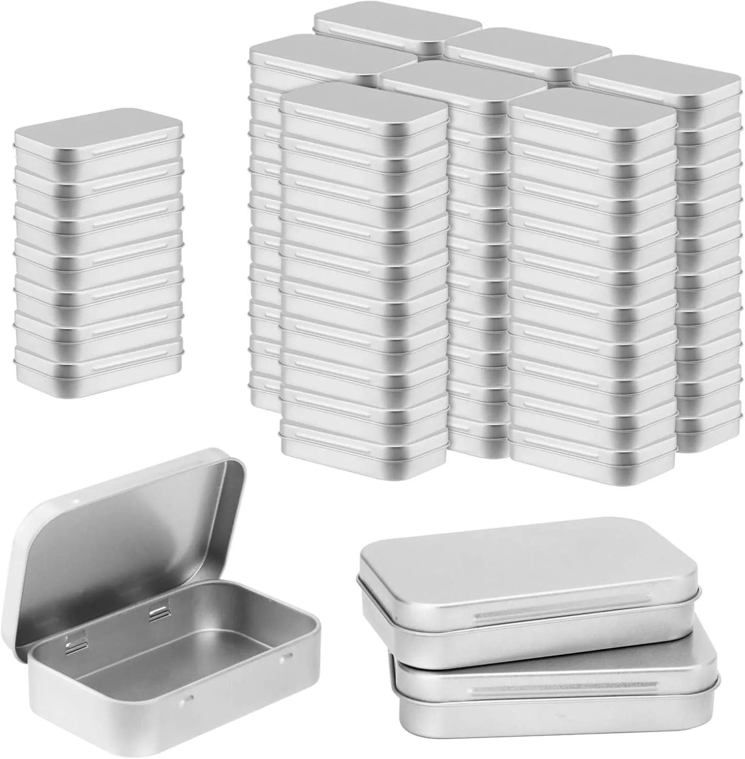 SHEUTSAN 80pcs 3.7 x 2.4 x 0.8 Inch Silver Rectangular Hinged Tin, Empty Tins With Hinged Lids, Metal Hinged Box Container for Small Items, Candies
