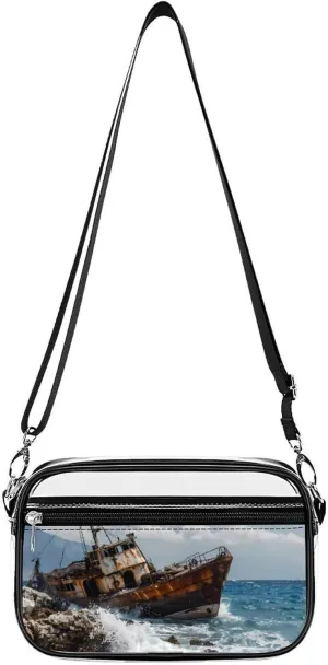 Shipwreck Waves Reef Clear Stadium Bag Clear Mini Messenger Bags with 2 Compartments Crossbody Bag