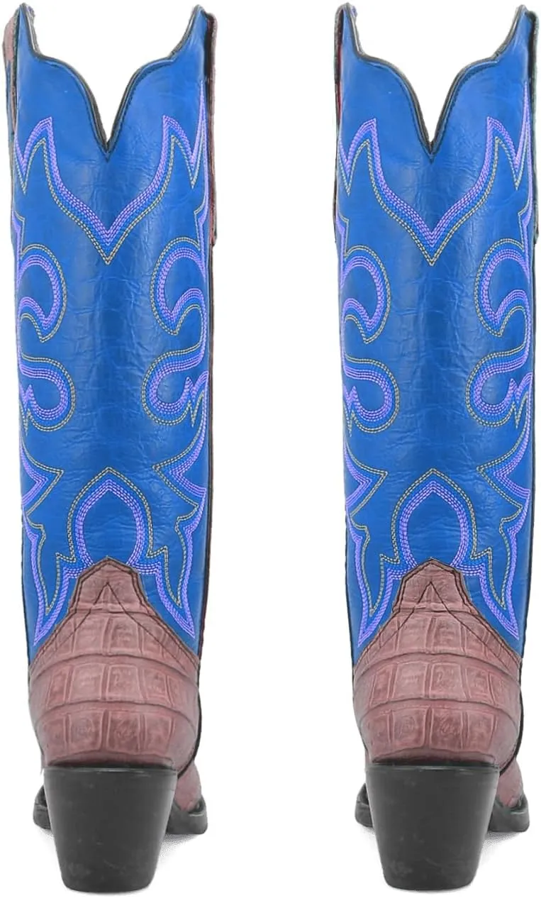 SHODENSE Women Chunky Heel Mid Calf Western Boots Embroidered Pointed Toe Cowboy Calf Boots Crocodile Two Tone 2 Inch Block Heel Cowgirl Boots Calf High Patchwork Pull On Wide Calf 4-11 M US