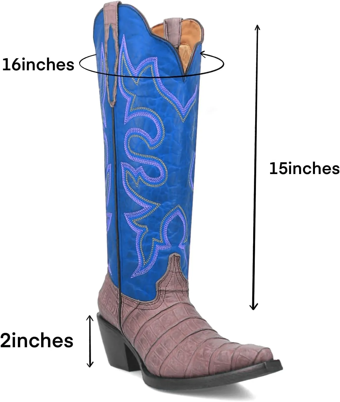 SHODENSE Women Chunky Heel Mid Calf Western Boots Embroidered Pointed Toe Cowboy Calf Boots Crocodile Two Tone 2 Inch Block Heel Cowgirl Boots Calf High Patchwork Pull On Wide Calf 4-11 M US