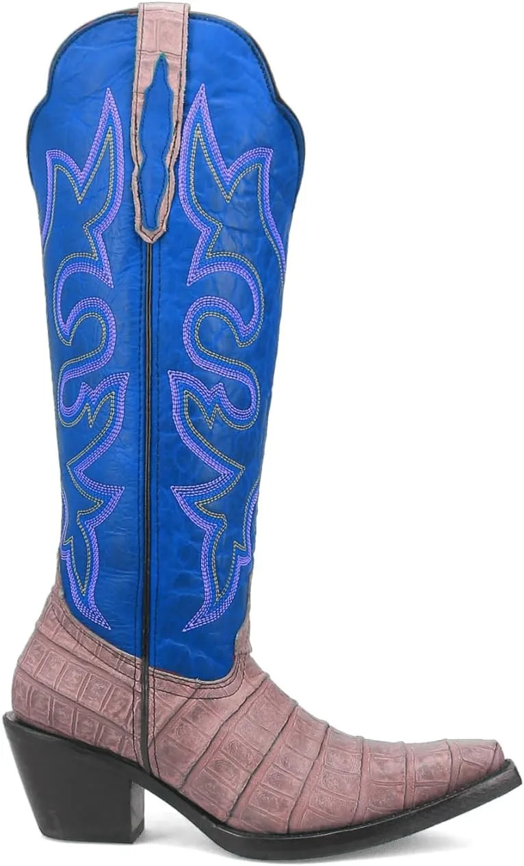 SHODENSE Women Chunky Heel Mid Calf Western Boots Embroidered Pointed Toe Cowboy Calf Boots Crocodile Two Tone 2 Inch Block Heel Cowgirl Boots Calf High Patchwork Pull On Wide Calf 4-11 M US