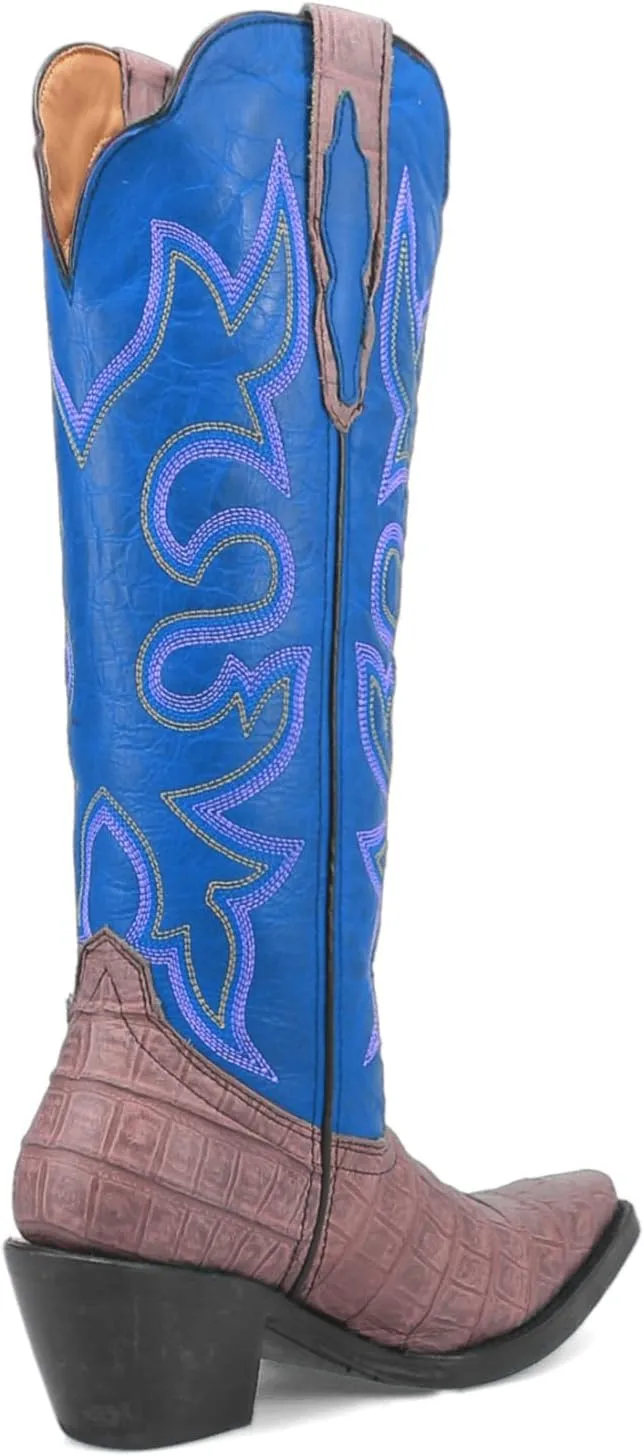 SHODENSE Women Chunky Heel Mid Calf Western Boots Embroidered Pointed Toe Cowboy Calf Boots Crocodile Two Tone 2 Inch Block Heel Cowgirl Boots Calf High Patchwork Pull On Wide Calf 4-11 M US