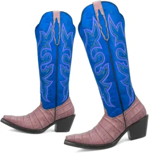 SHODENSE Women Chunky Heel Mid Calf Western Boots Embroidered Pointed Toe Cowboy Calf Boots Crocodile Two Tone 2 Inch Block Heel Cowgirl Boots Calf High Patchwork Pull On Wide Calf 4-11 M US